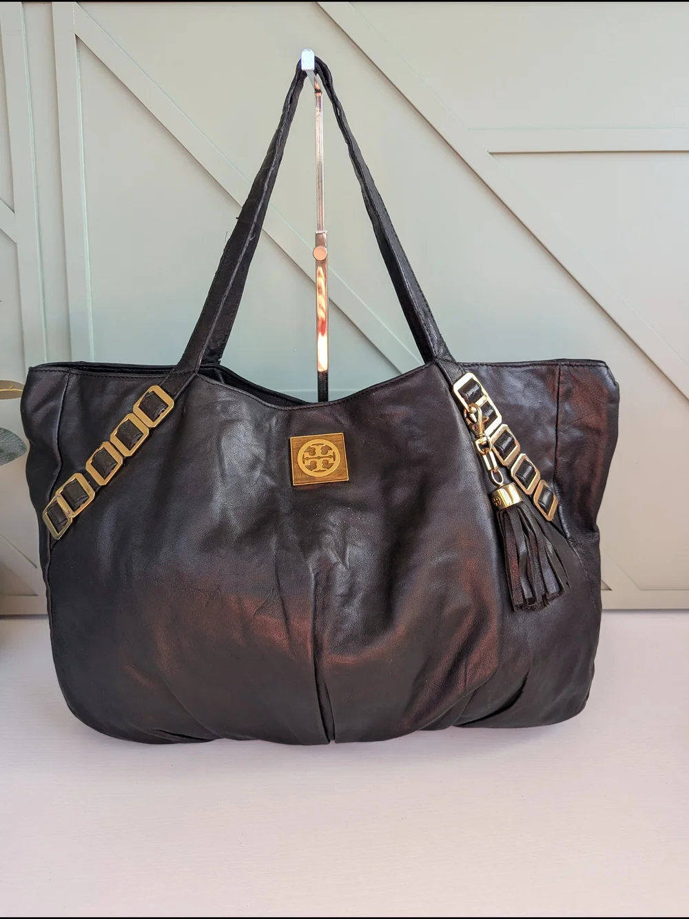 Tory Burch Black Leather Gold-Accent Tassel Tote